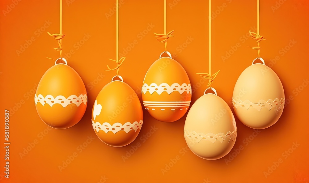  a group of eggs hanging from strings on an orange background with a white lace border on the top of