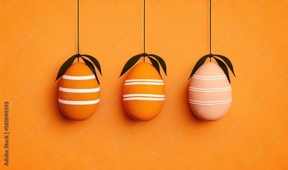  three painted eggs hanging on a string on an orange background with a green leaf on the top of one 