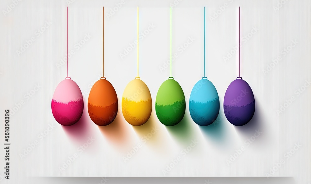  a group of colorful eggs hanging from a line of strings on a white wall with a shadow of the eggs o