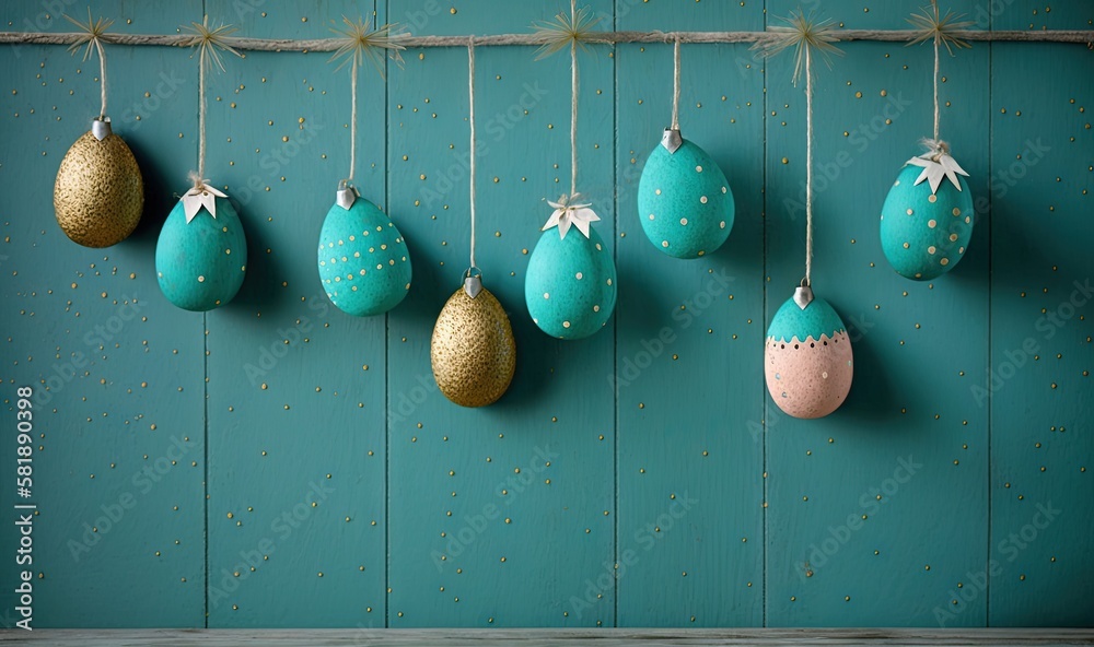  a group of blue and gold eggs hanging from a line on a green wall with gold dots on them and a stri