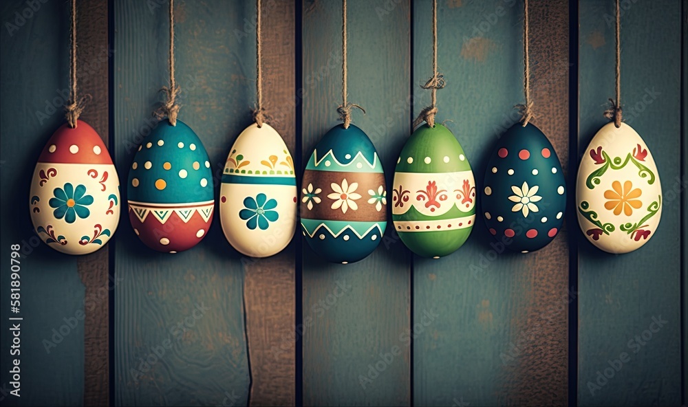  a row of painted easter eggs hanging from a line on a wooden wall with a green flowered design on t