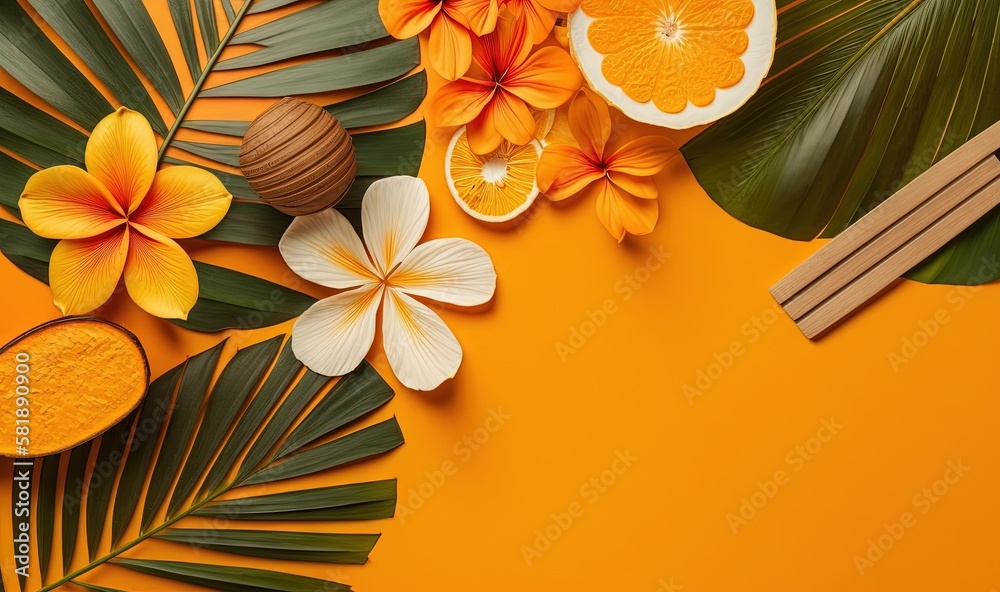  a yellow background with tropical flowers and oranges on it and chopsticks on the side of the image