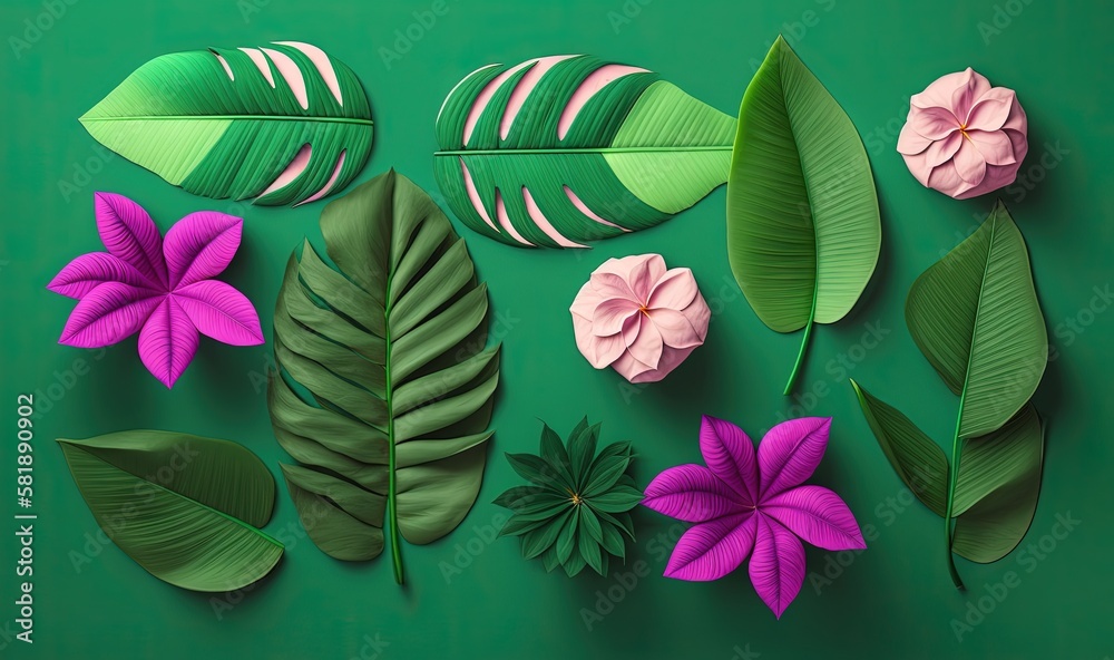  a group of different colored flowers and leaves on a green background with a green background and a