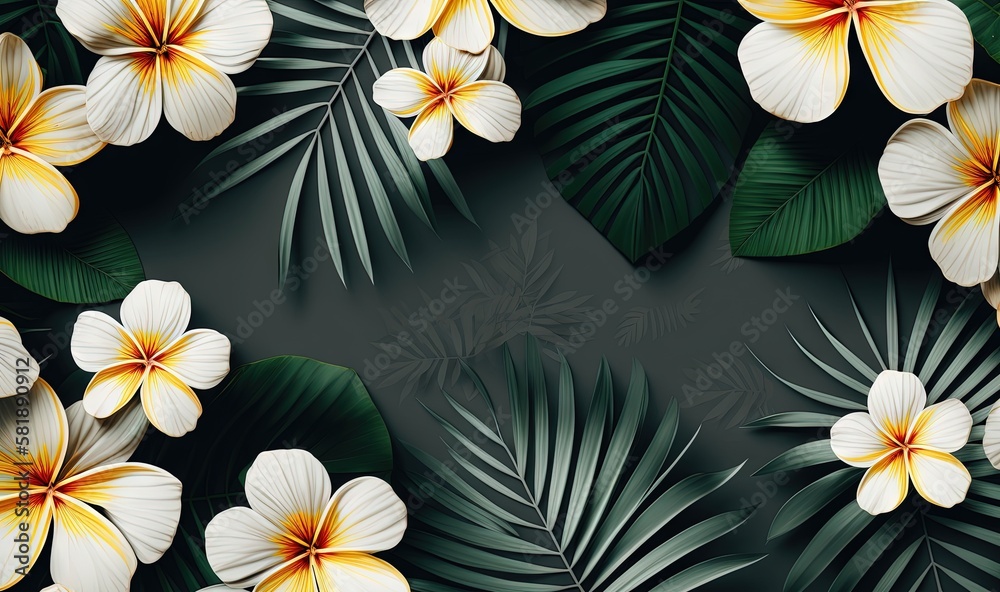  a bunch of white and yellow flowers on a black background with green leaves and palm leaves on the 