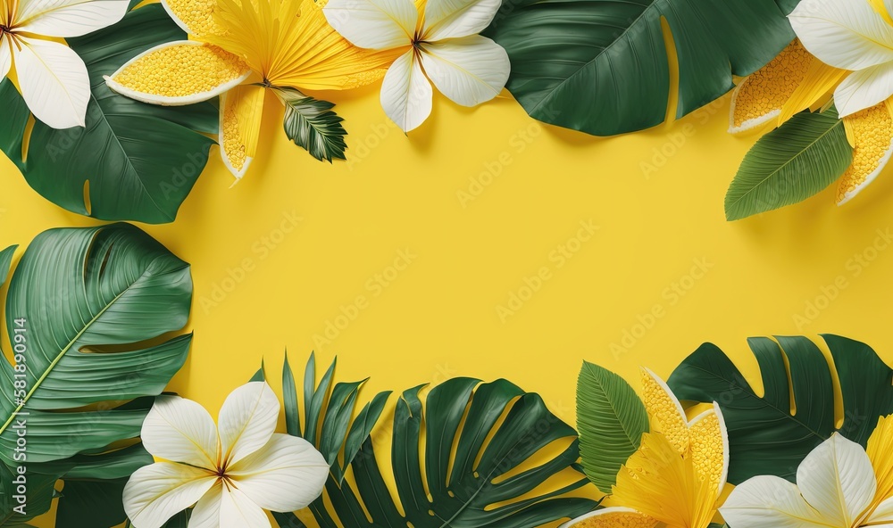  a yellow background with white and yellow flowers and green leaves on a yellow background with a pl