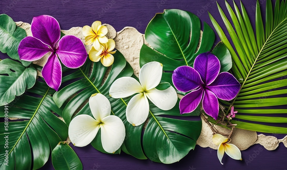  a bunch of flowers that are sitting on a purple table cloth with leaves and flowers on it, on a pur