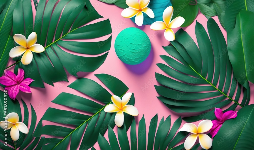  a pink background with tropical leaves and flowers on it, with a blue ball in the middle of the ima