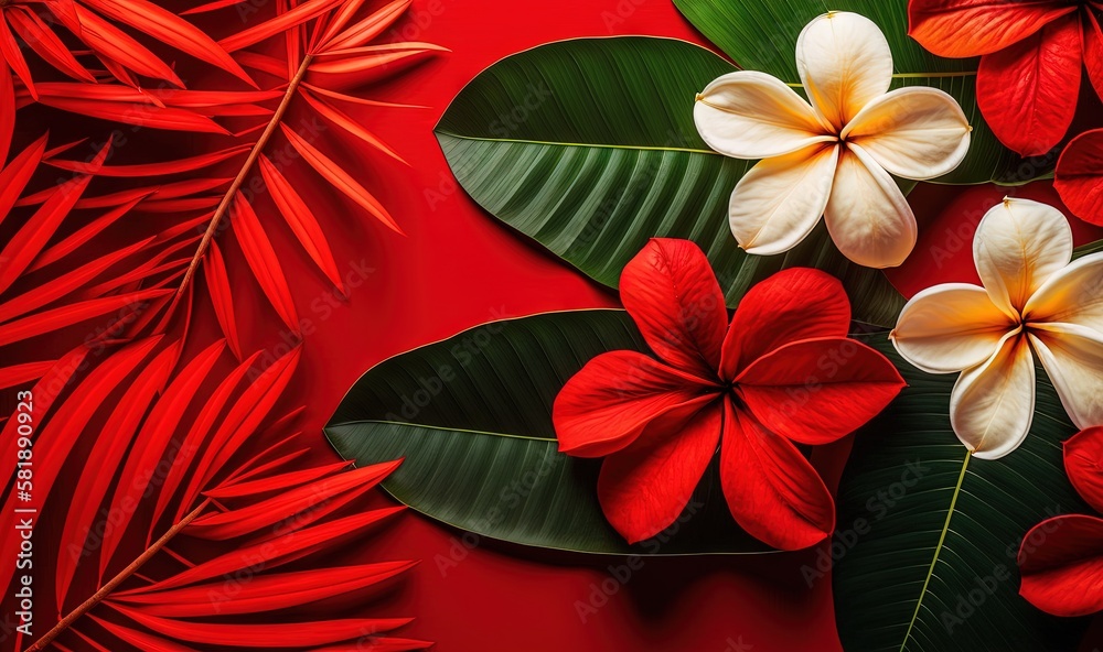  red and white flowers and leaves on a red background with a red background and a red background wit