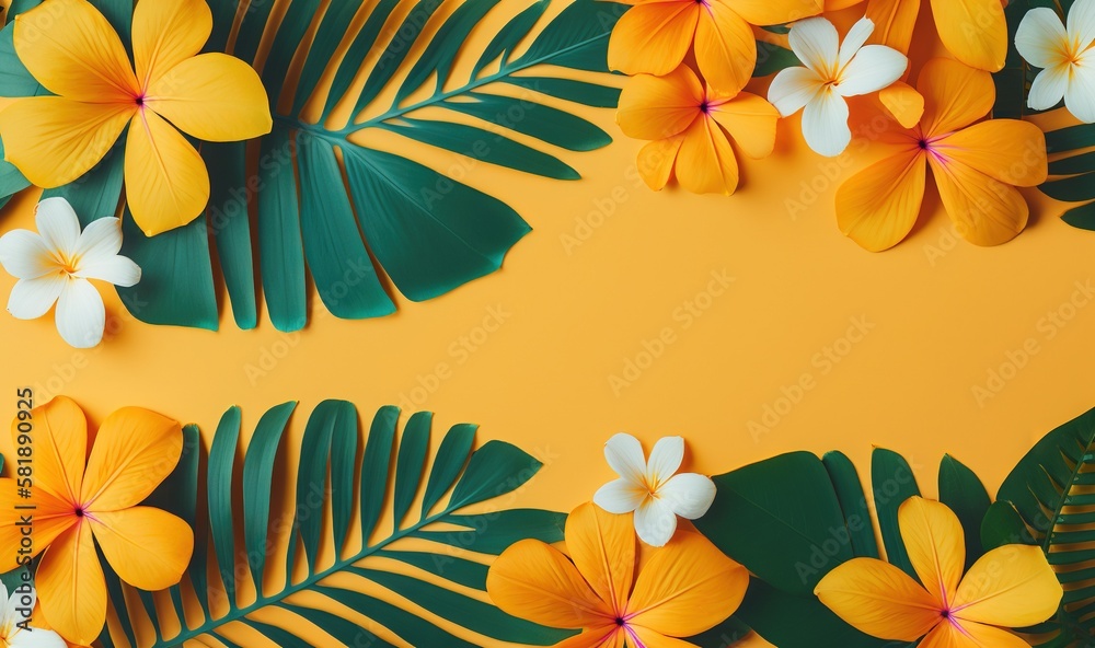  a yellow background with tropical leaves and flowers on it, with a place for the text in the middle