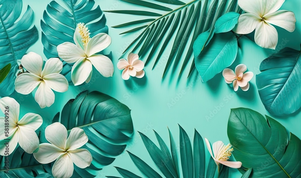  tropical leaves and flowers on a blue background with a place for the text in the middle of the ima