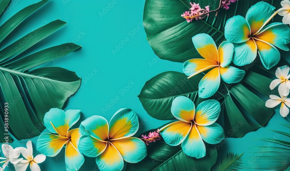  a blue background with yellow and white flowers and green leaves on a blue background with a blue b