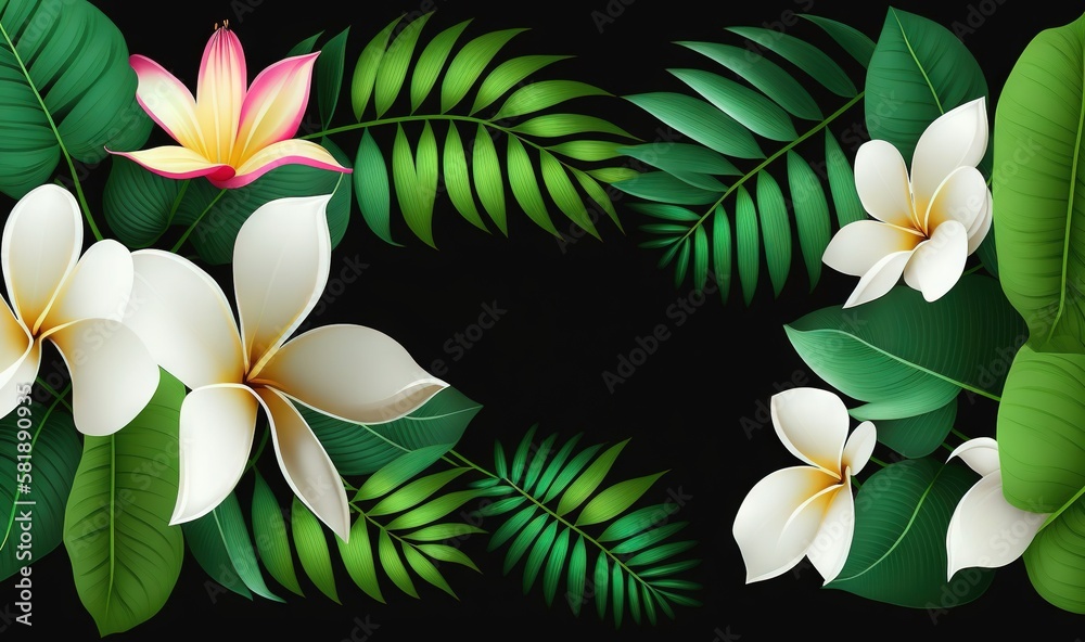  a set of tropical flowers and leaves on a black background with a place for the text in the center 