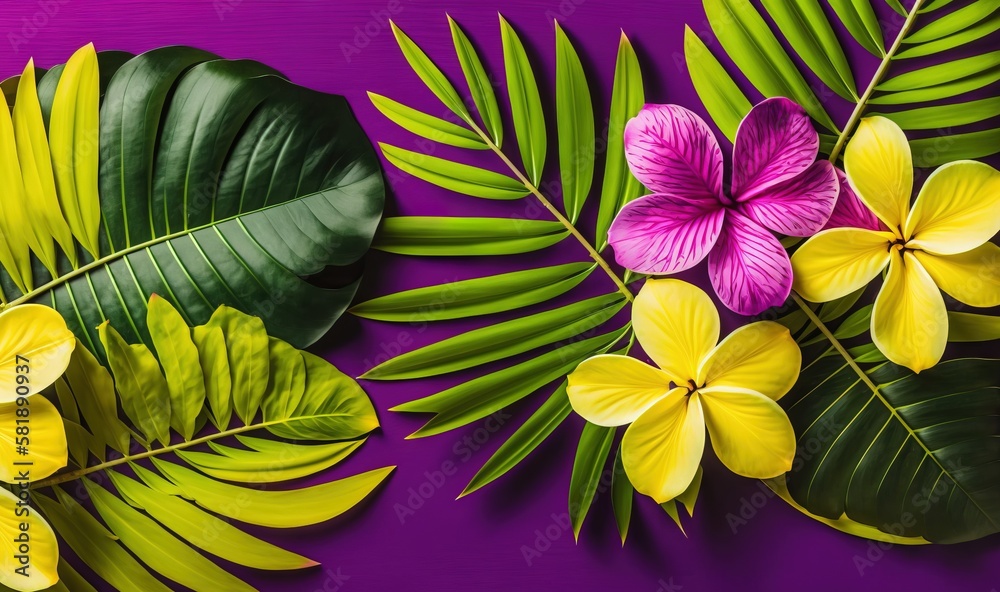  a purple background with yellow and pink flowers and green leaves on the left and a pink and yellow