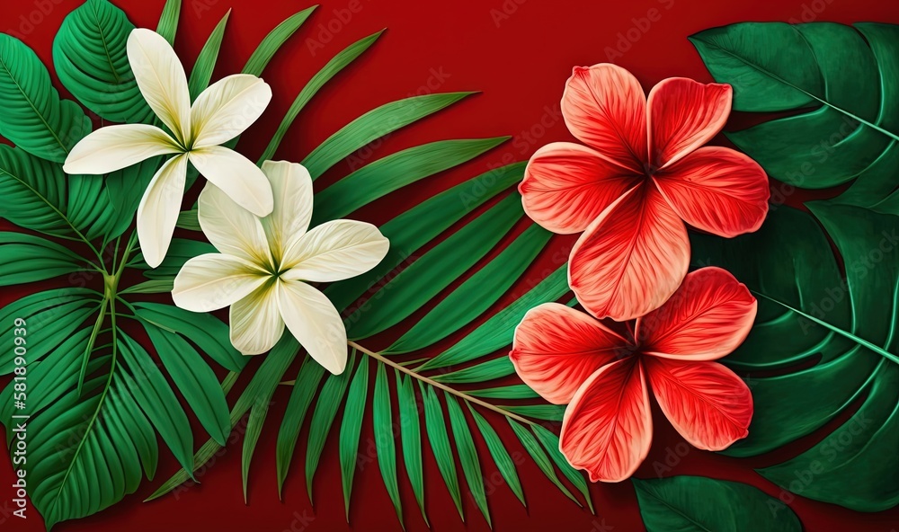  a painting of flowers and leaves on a red background with a red background and a red background wit