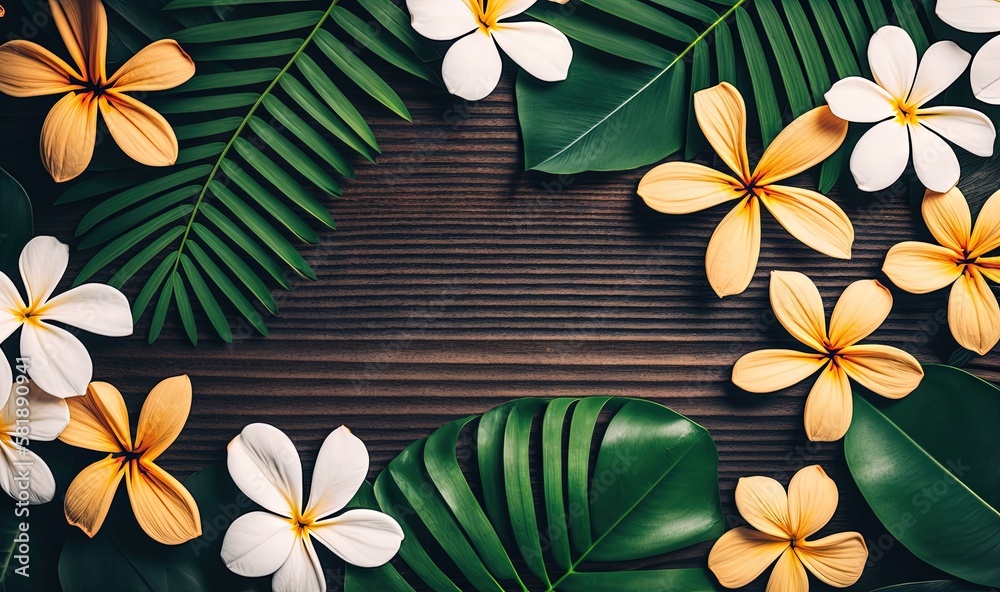  a wooden table topped with lots of flowers and green leafy leaves on top of its surface, with a wh