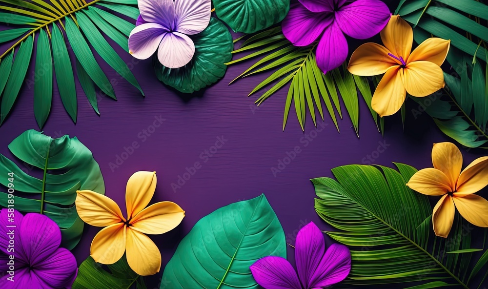  a bunch of flowers and leaves on a purple background with a place for a name on the bottom of the i