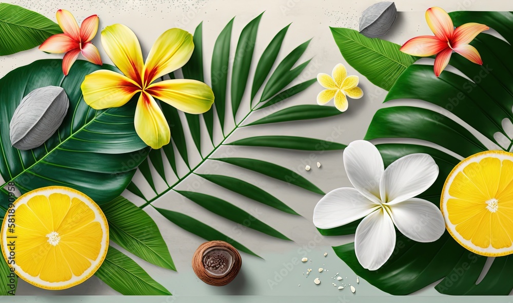  a painting of tropical flowers and leaves on a gray background with a yellow slice of lemon and a w