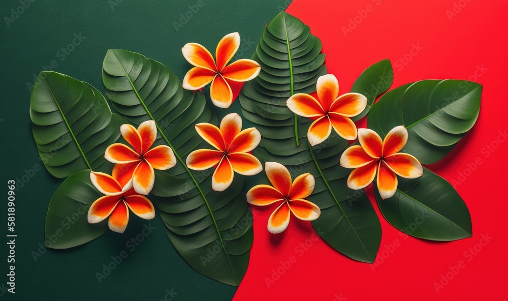  a painting of flowers and leaves on a red and green background with a red and green background and 