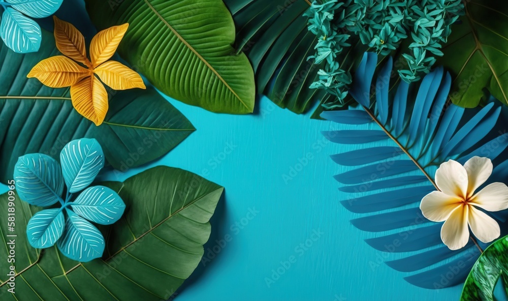  tropical leaves and flowers on a blue background with a place for a text or a picture or an image t