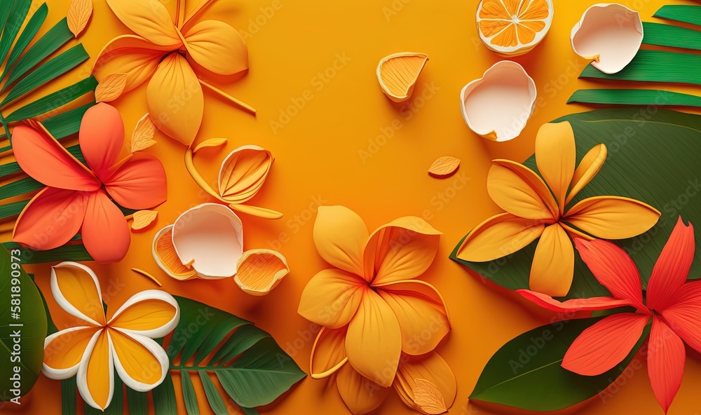  a bunch of paper flowers and leaves on a yellow background with a slice of orange in the middle of 