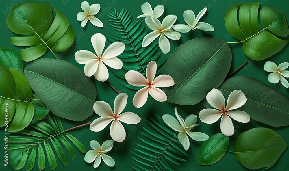  a painting of flowers and leaves on a green background with a green background and a green backgrou