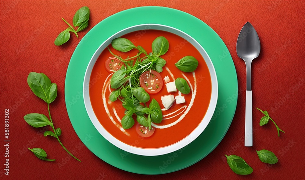  a bowl of tomato soup with basil and mozzarella on a red surface with a spoon and a green plate wit