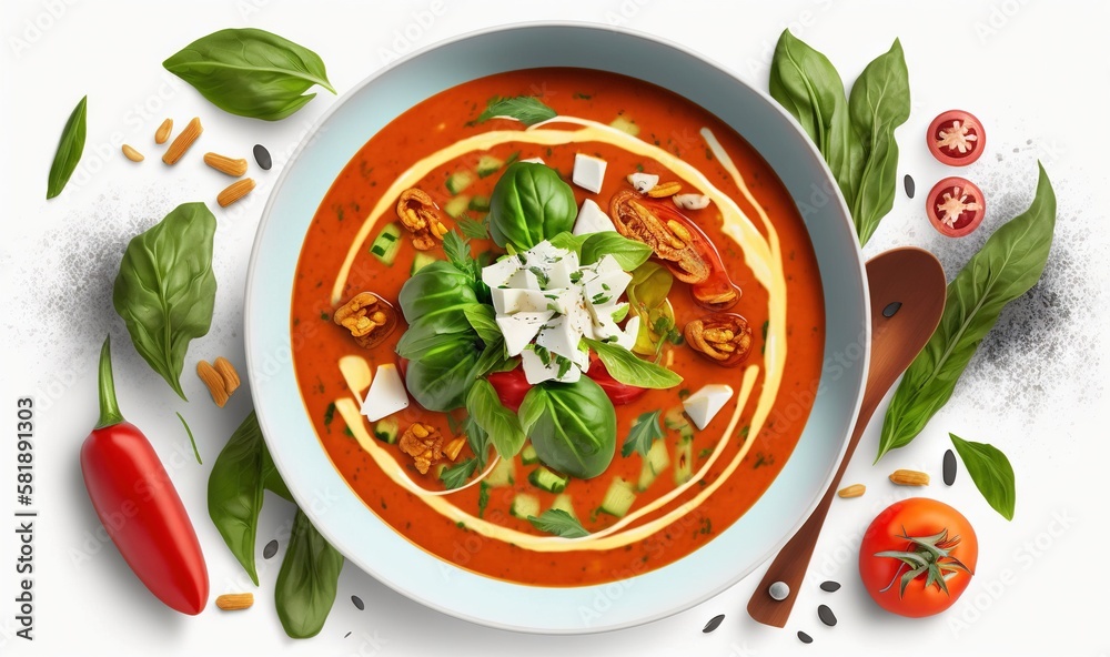  a bowl of tomato soup with basil, tomatoes, cheese, and other ingredients on a white background wit