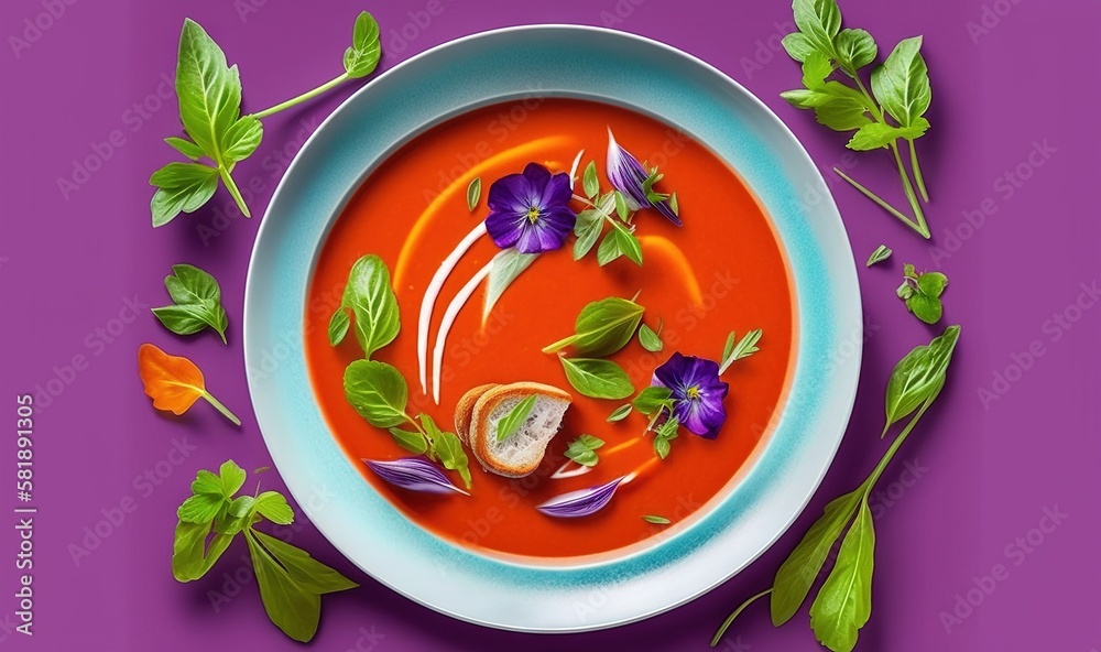  a bowl of tomato soup with basil and purple flowers on a purple background with a spoon and spoon r