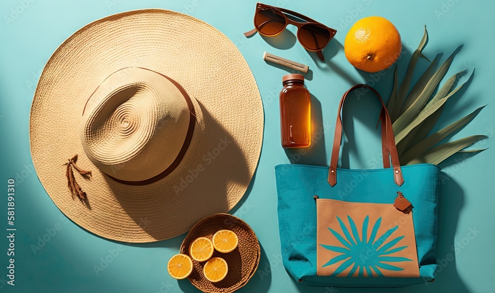  a hat, sunglasses, a bag, and oranges on a blue background with a palm leaf and a bottle of sunscre