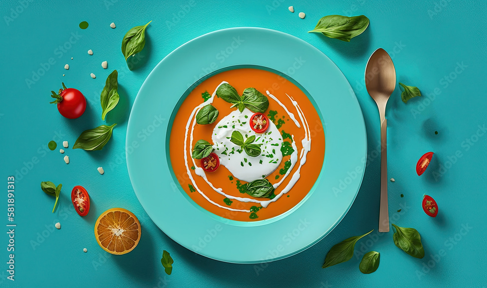  a bowl of tomato soup on a blue plate with a spoon and orange slices on the side of the bowl and ba