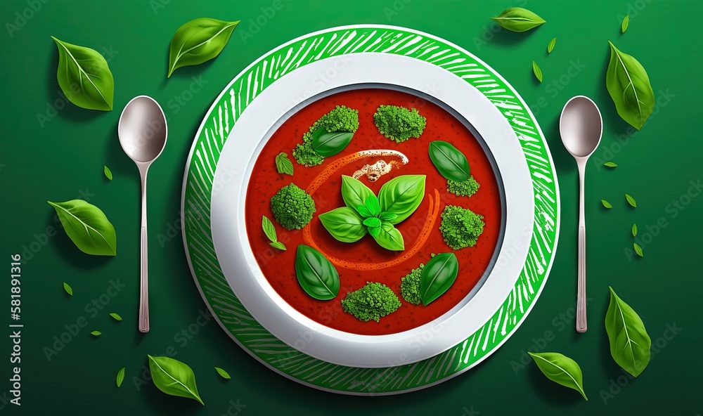  a bowl of soup with broccoli and basil on a green tablecloth with spoons and spoons next to it and 