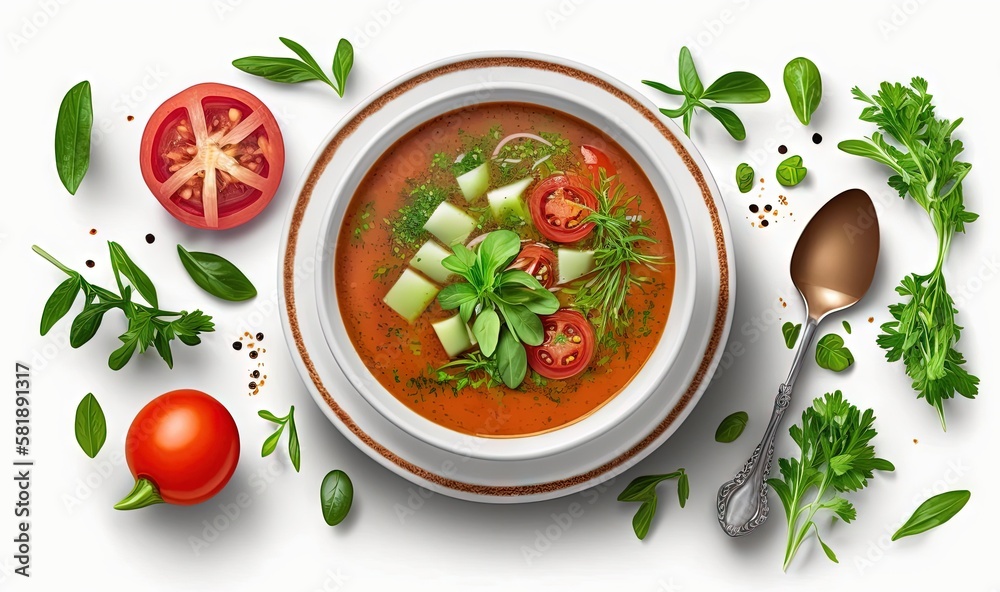  a bowl of soup with tomatoes, cucumbers, and herbs on a white background with a spoon and a spoon t