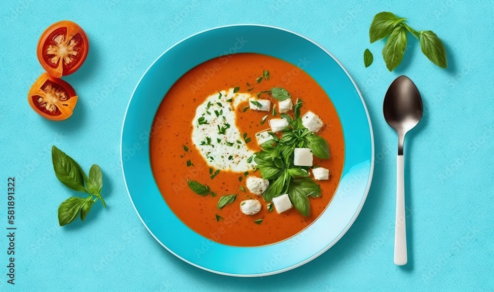  a bowl of tomato soup with cheese and basil on a blue surface with a spoon and a slice of tomato on