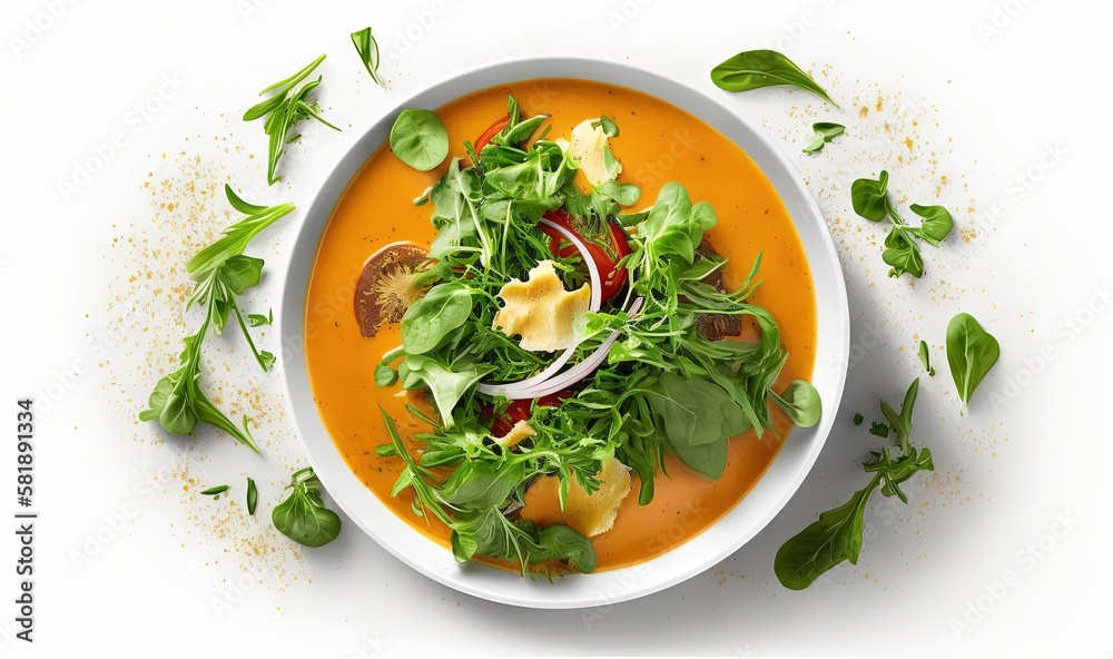  a bowl of soup with a salad on top of it and garnished with cheese and spinach leaves on the side o