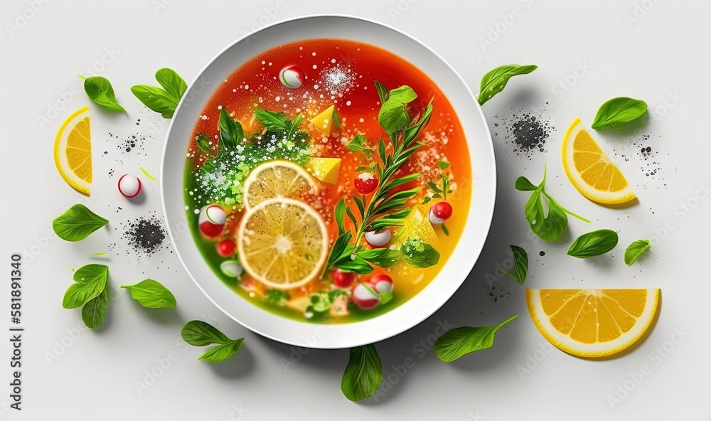  a bowl of soup with lemons, herbs, and spices on a white background with green leaves and sprinkles