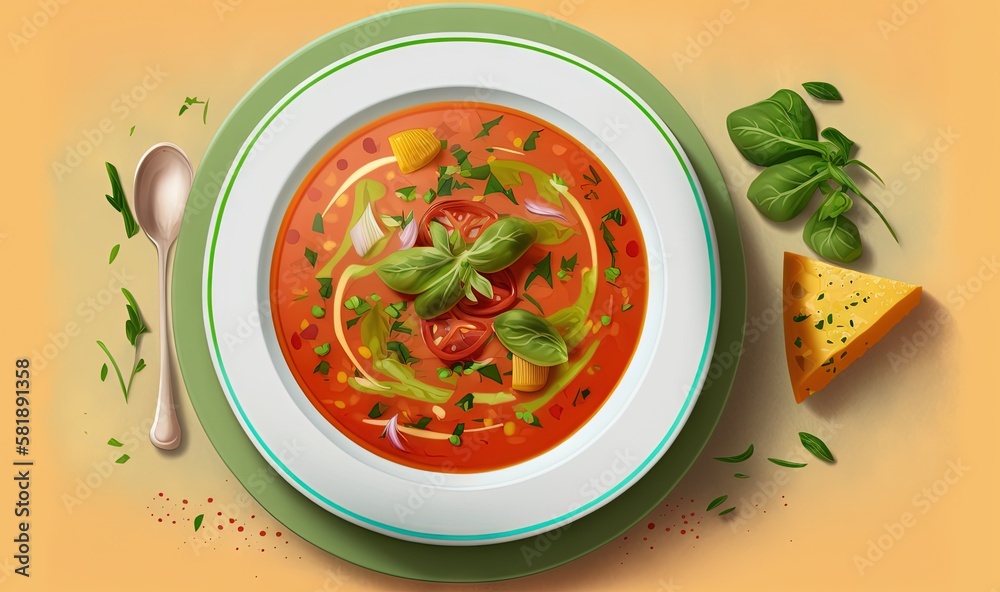  a bowl of tomato soup with a slice of cheese and basil on a plate with a spoon and a slice of chees