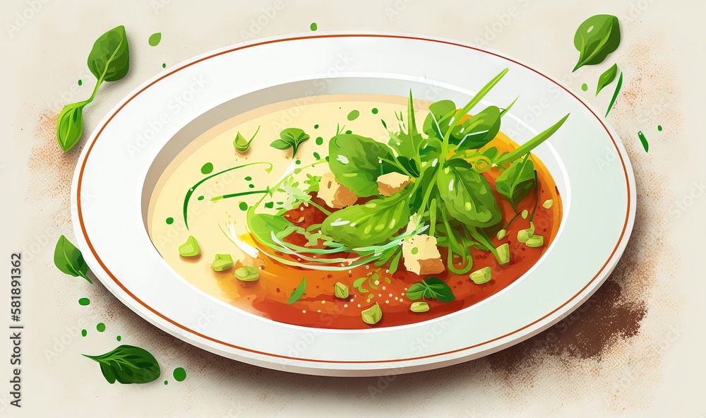  a white plate topped with a soup and garnished with green leaves and garnishes on top of a white ta