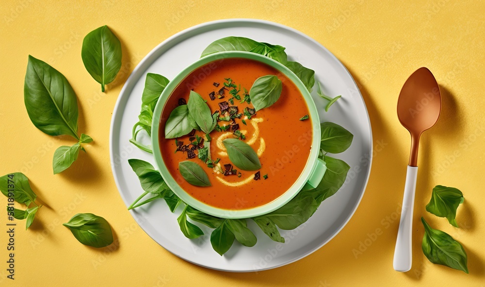  a bowl of tomato soup on a plate with a spoon and a spoon rest on the side of the bowl, with leaves