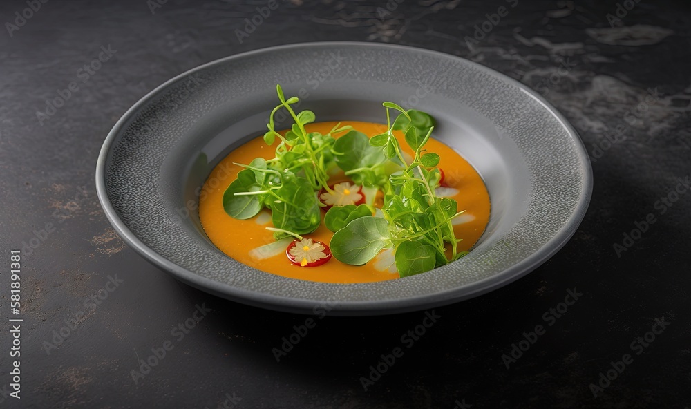  a bowl of soup with a garnish of greens on top of a black table top with a spoon in it and a spoon 