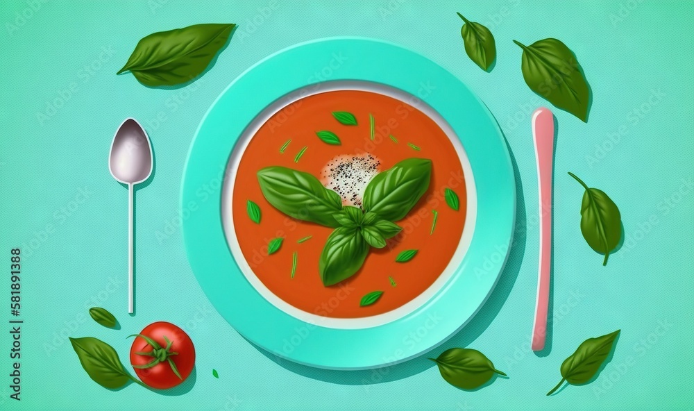  a bowl of tomato soup with basil leaves and a spoon on a blue plate with a spoon and spoon rest on 