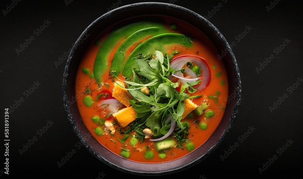  a bowl of soup with vegetables and meat on a black table top with a black cloth around it and a spo