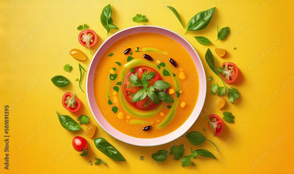  a bowl of soup with tomatoes, basil, and olives on a yellow background with green leaves and tomato