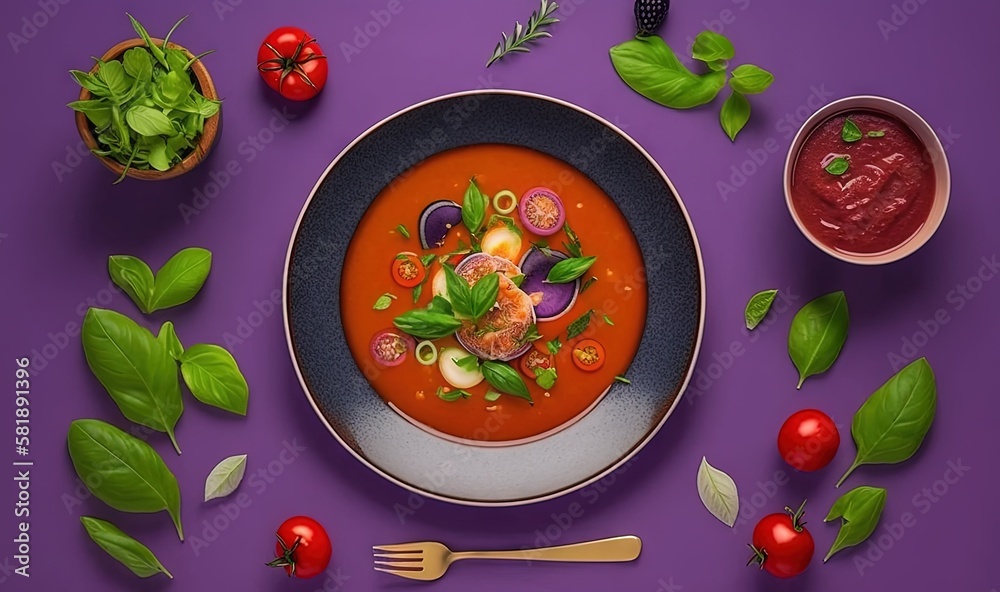  a bowl of tomato soup with a spoon and a bowl of tomato soup with basil and tomatoes on a purple ba