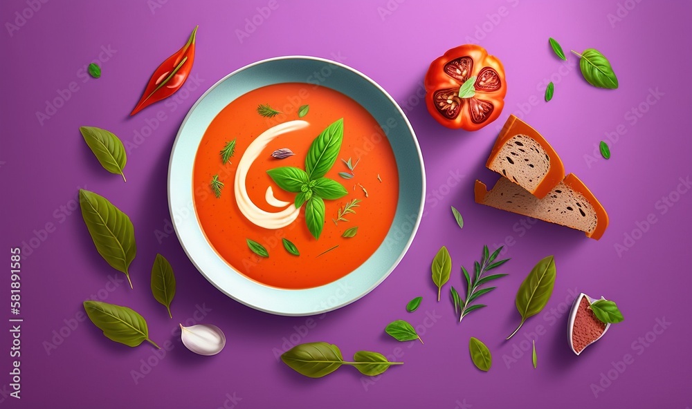  a bowl of tomato soup on a purple background with basil leaves and sliced tomatoes on the side of t