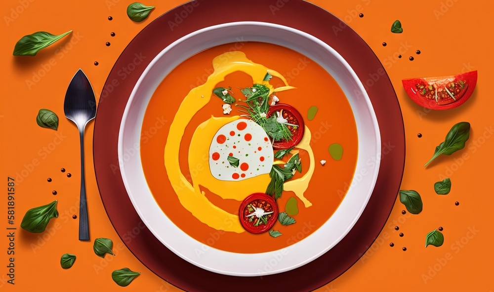  a bowl of tomato soup with a spoon and spoon on an orange background with basil leaves and tomatoes