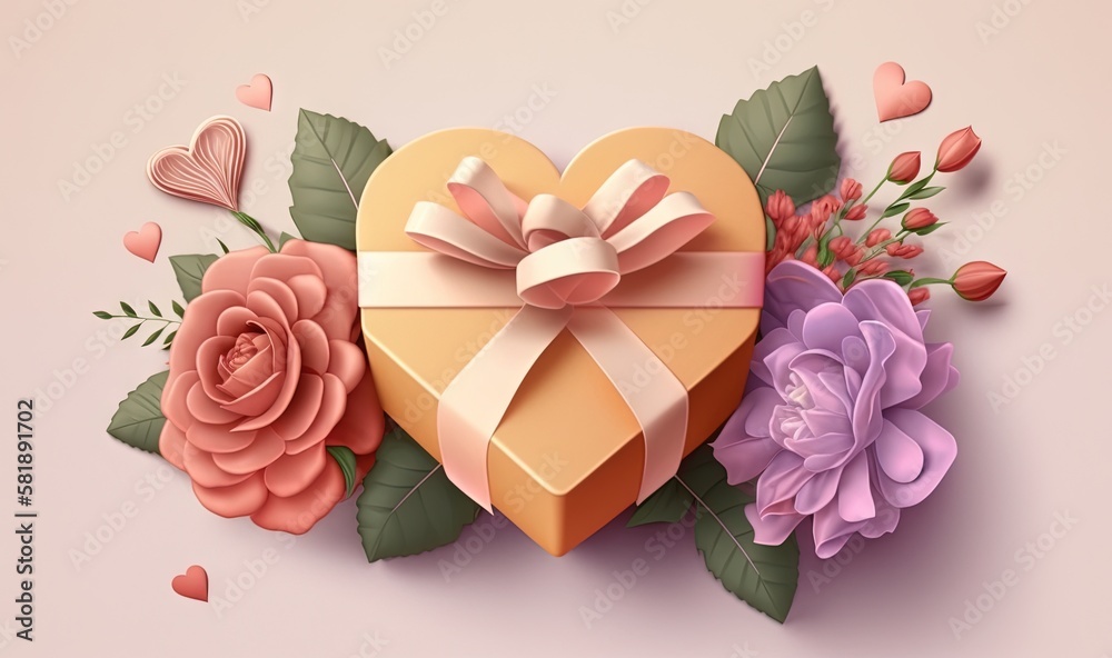  a heart shaped box with a bow and flowers on a pink background with hearts and leaves around it and