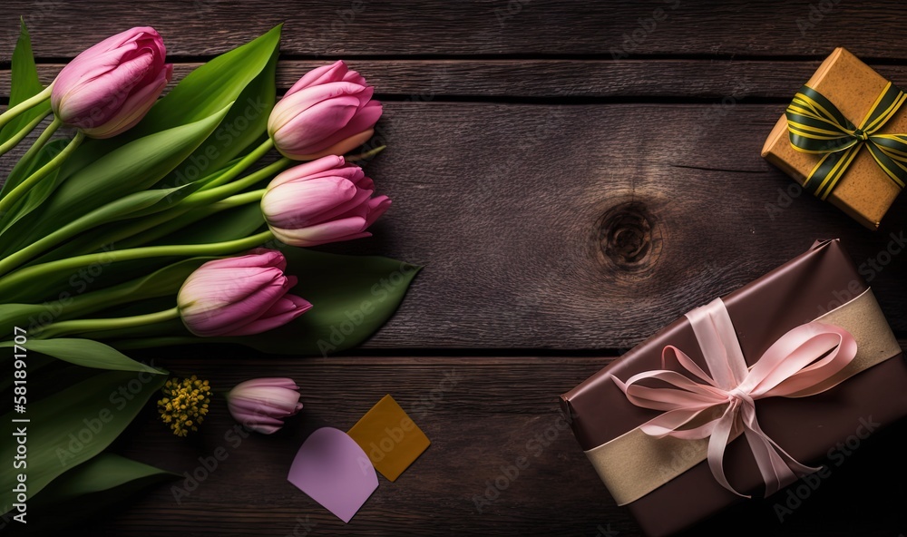  a bouquet of tulips and a gift on a wooden table with a ribbon and a bow on it and a gift box with 