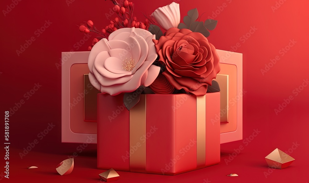  a gift box with flowers on a red background with confetti scattered around it and a gold ribbon aro