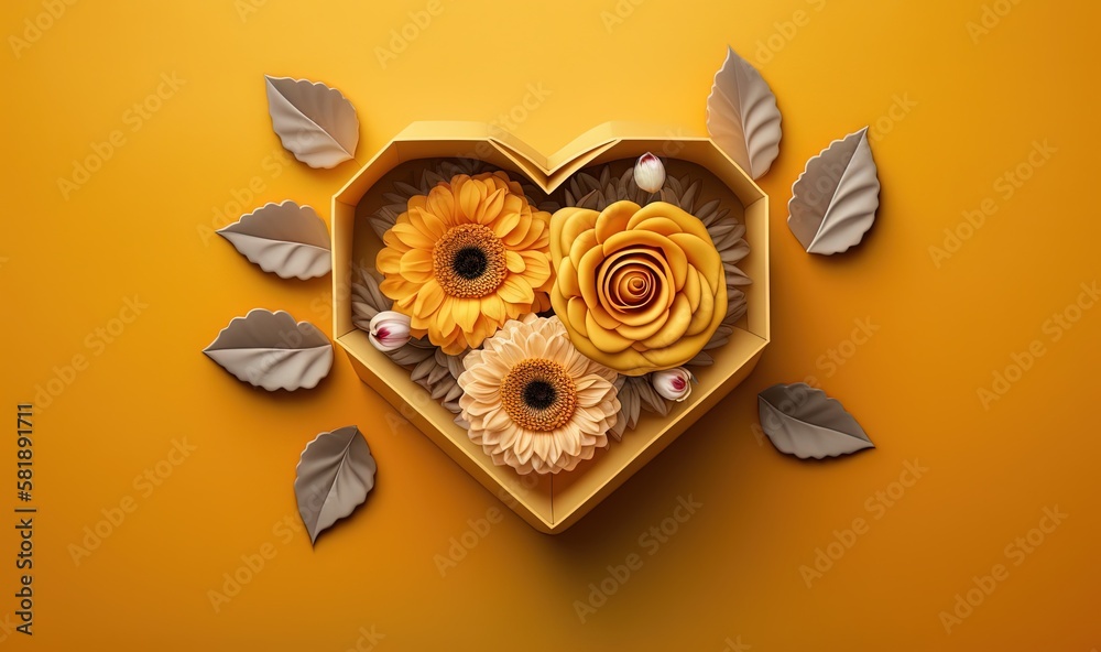  a heart shaped box filled with flowers on a yellow background with leaves and flowers on the inside