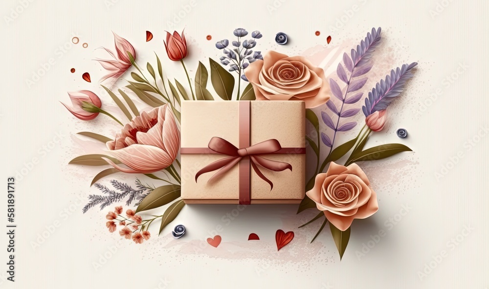  a gift box with a bow and flowers on a white background with a splash of paint on the bottom of the